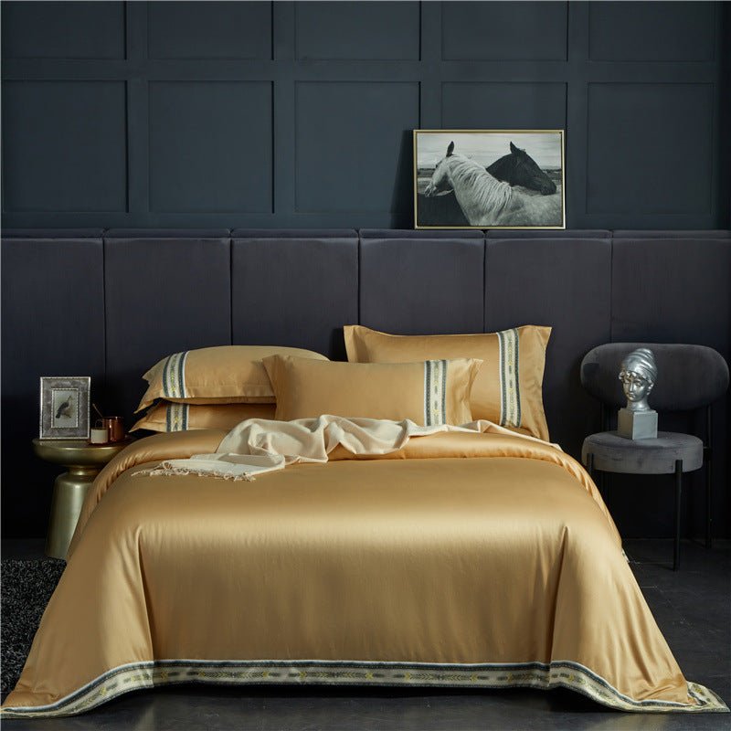 Ensemble Quatre Pièces Draps en Satin de Soie Lavée à Rayures, Couleur Unie Glacée - IVOIRART.COM