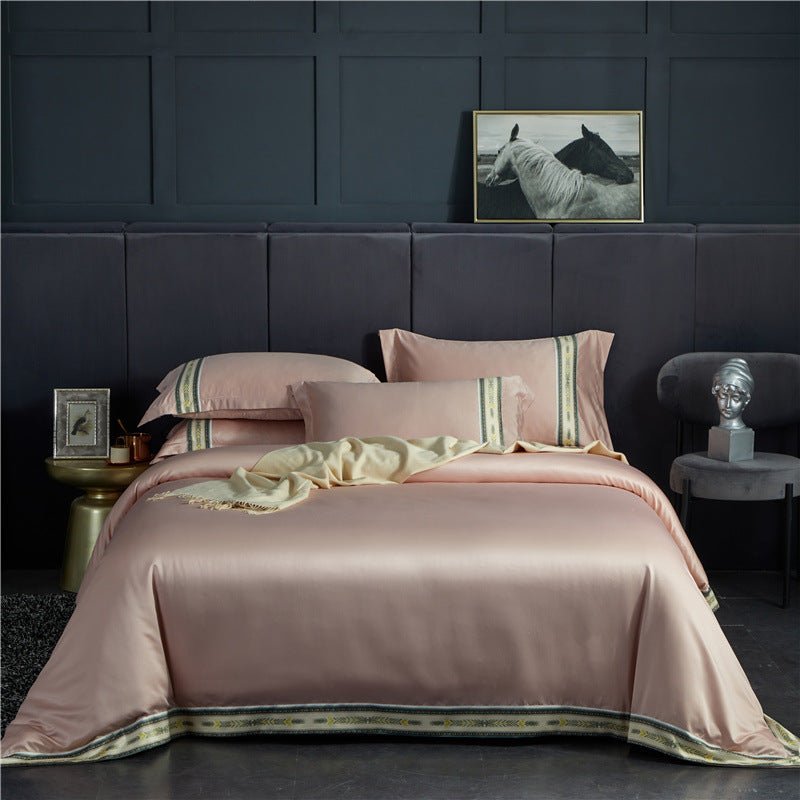 Ensemble Quatre Pièces Draps en Satin de Soie Lavée à Rayures, Couleur Unie Glacée - IVOIRART.COM