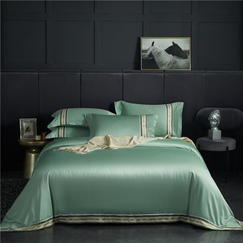 Ensemble Quatre Pièces Draps en Satin de Soie Lavée à Rayures, Couleur Unie Glacée - IVOIRART.COM