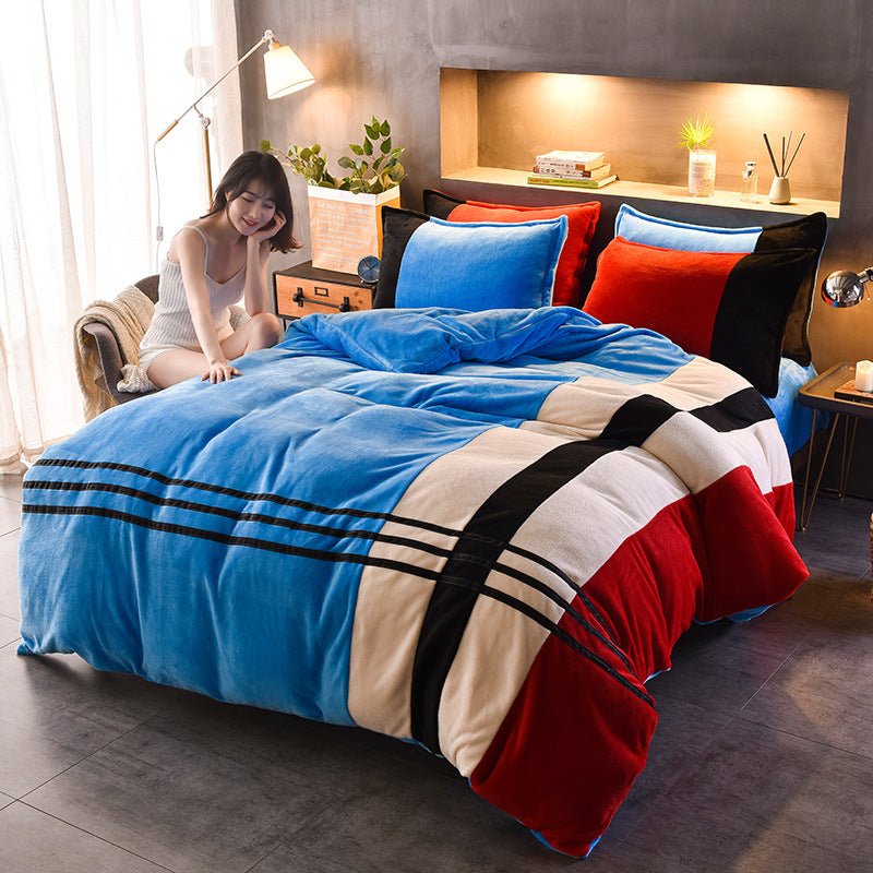 Ensemble Quatre Pièces Draps en Velours Rayés Épais pour Automne et Hiver - IVOIRART.COM