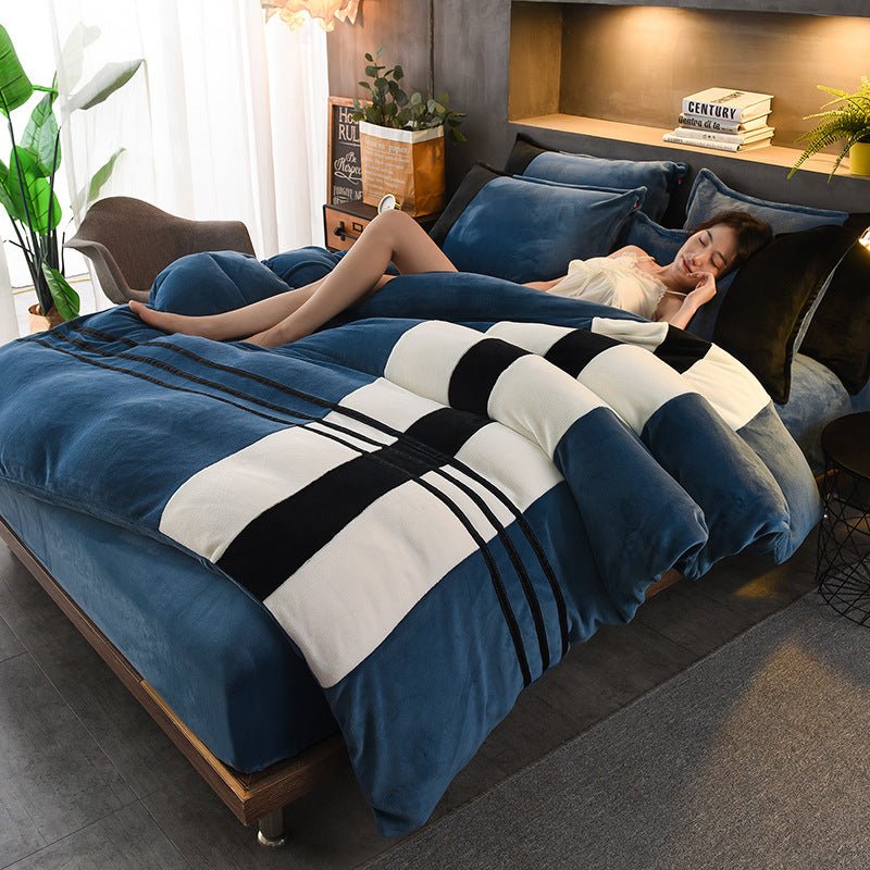 Ensemble Quatre Pièces Draps en Velours Rayés Épais pour Automne et Hiver - IVOIRART.COM