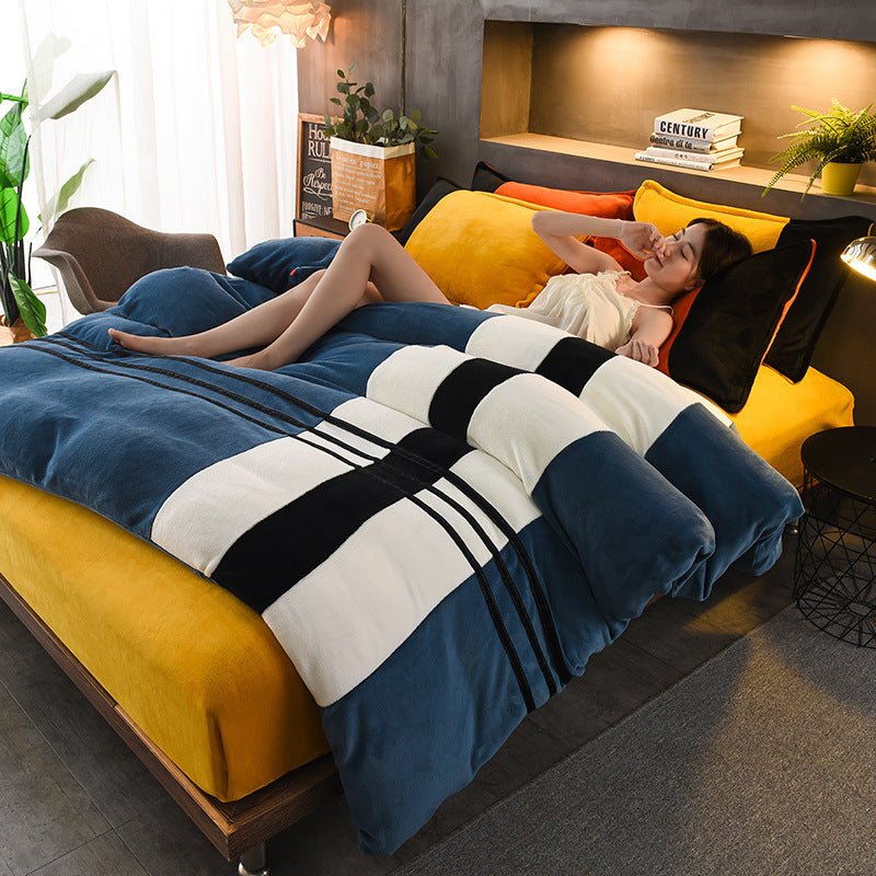 Ensemble Quatre Pièces Draps en Velours Rayés Épais pour Automne et Hiver - IVOIRART.COM