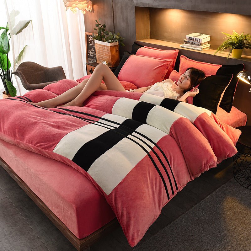 Ensemble Quatre Pièces Draps en Velours Rayés Épais pour Automne et Hiver - IVOIRART.COM