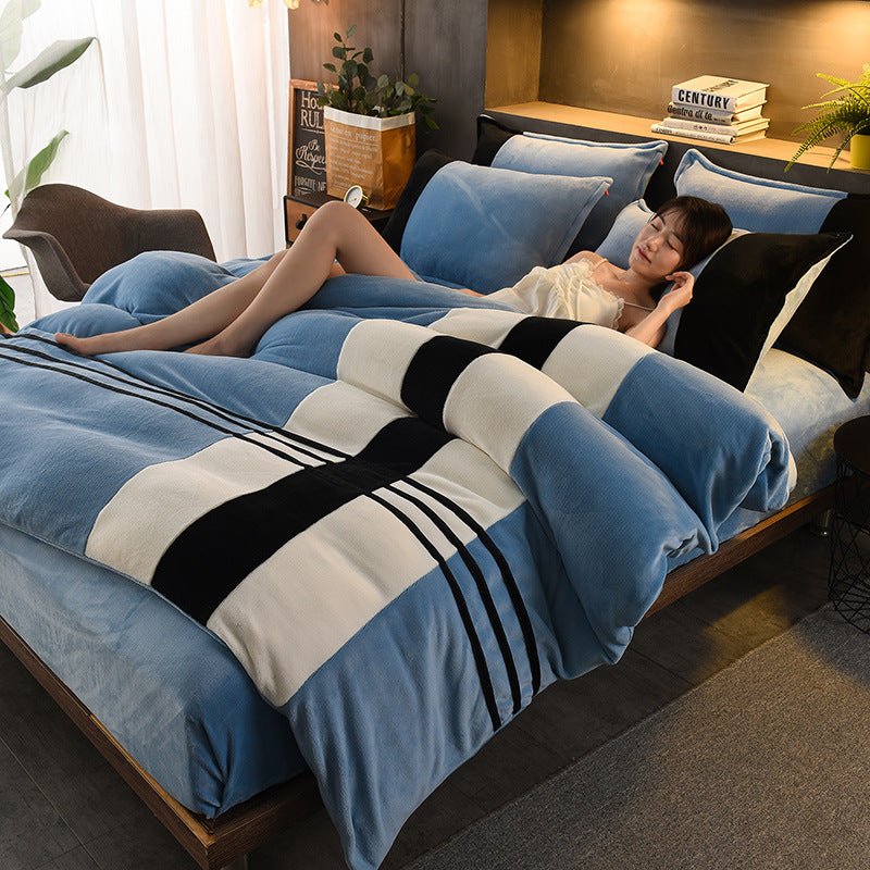 Ensemble Quatre Pièces Draps en Velours Rayés Épais pour Automne et Hiver - IVOIRART.COM