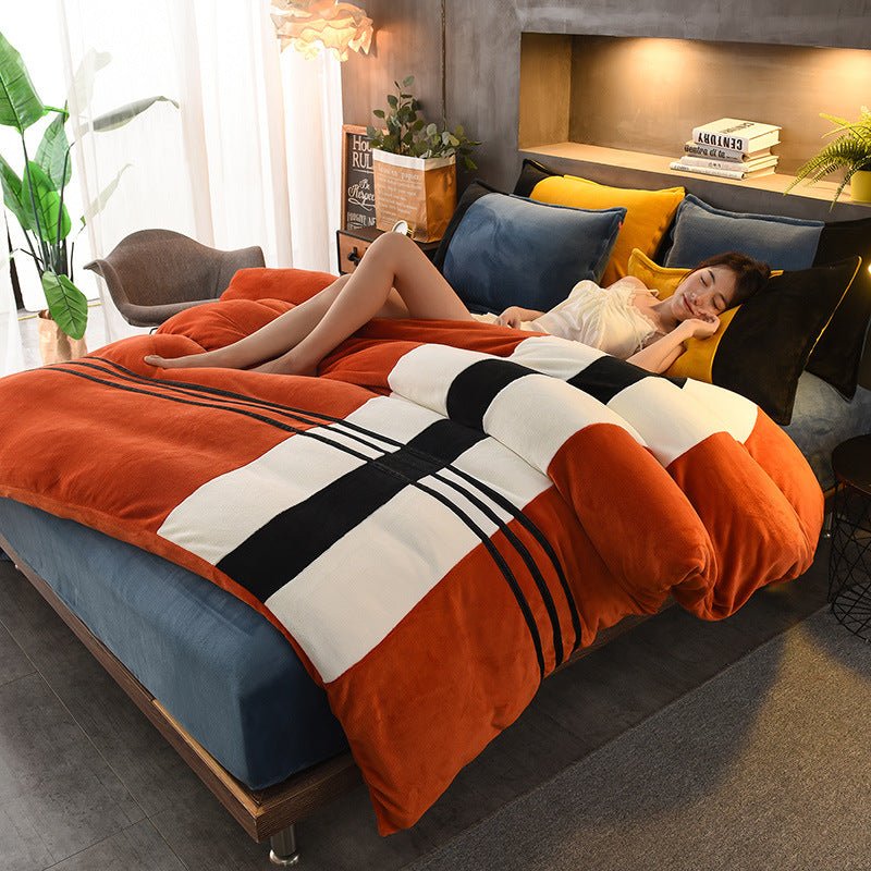 Ensemble Quatre Pièces Draps en Velours Rayés Épais pour Automne et Hiver - IVOIRART.COM