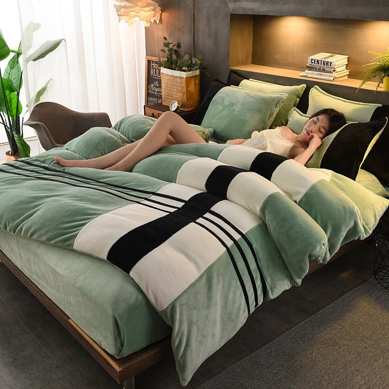 Ensemble Quatre Pièces Draps en Velours Rayés Épais pour Automne et Hiver - IVOIRART.COM