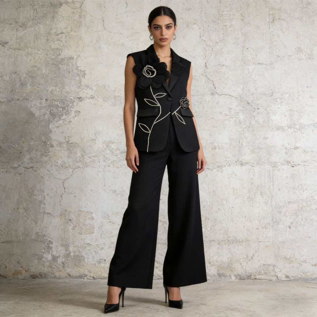 Ensemble tailleur 2 pièces gilet sans manches pantalon large broderie florale 3D - IVOIRART.COM