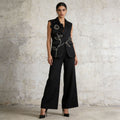 Ensemble tailleur 2 pièces gilet sans manches pantalon large broderie florale 3D - IVOIRART.COM