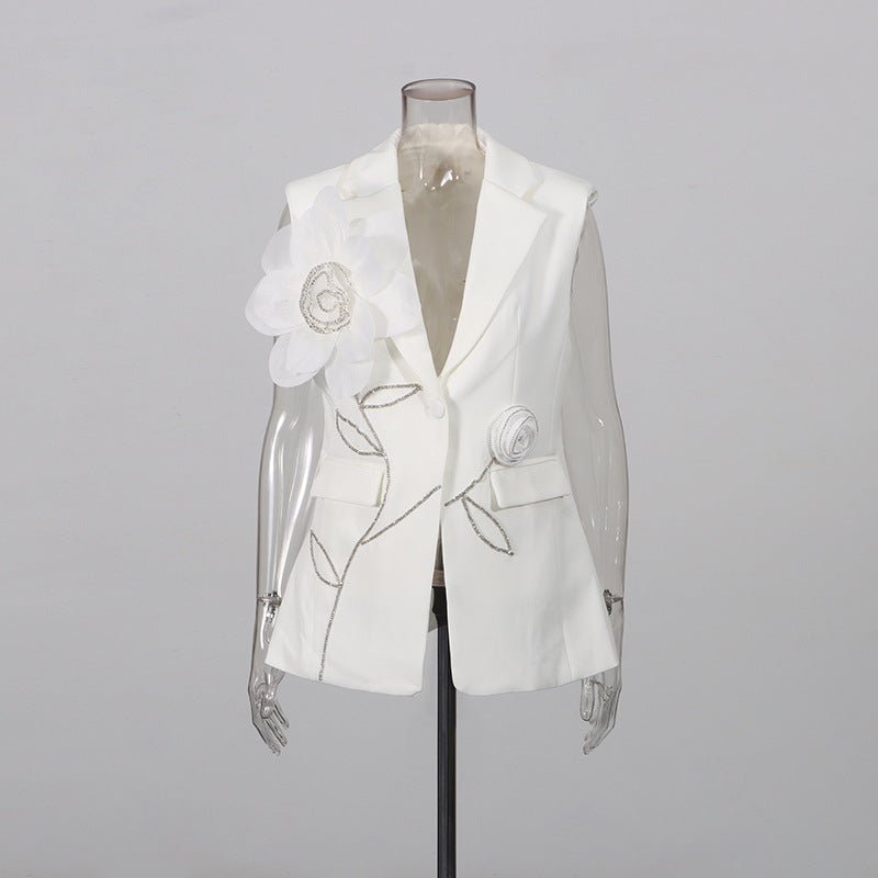 Ensemble tailleur 2 pièces gilet sans manches pantalon large broderie florale 3D - IVOIRART.COM