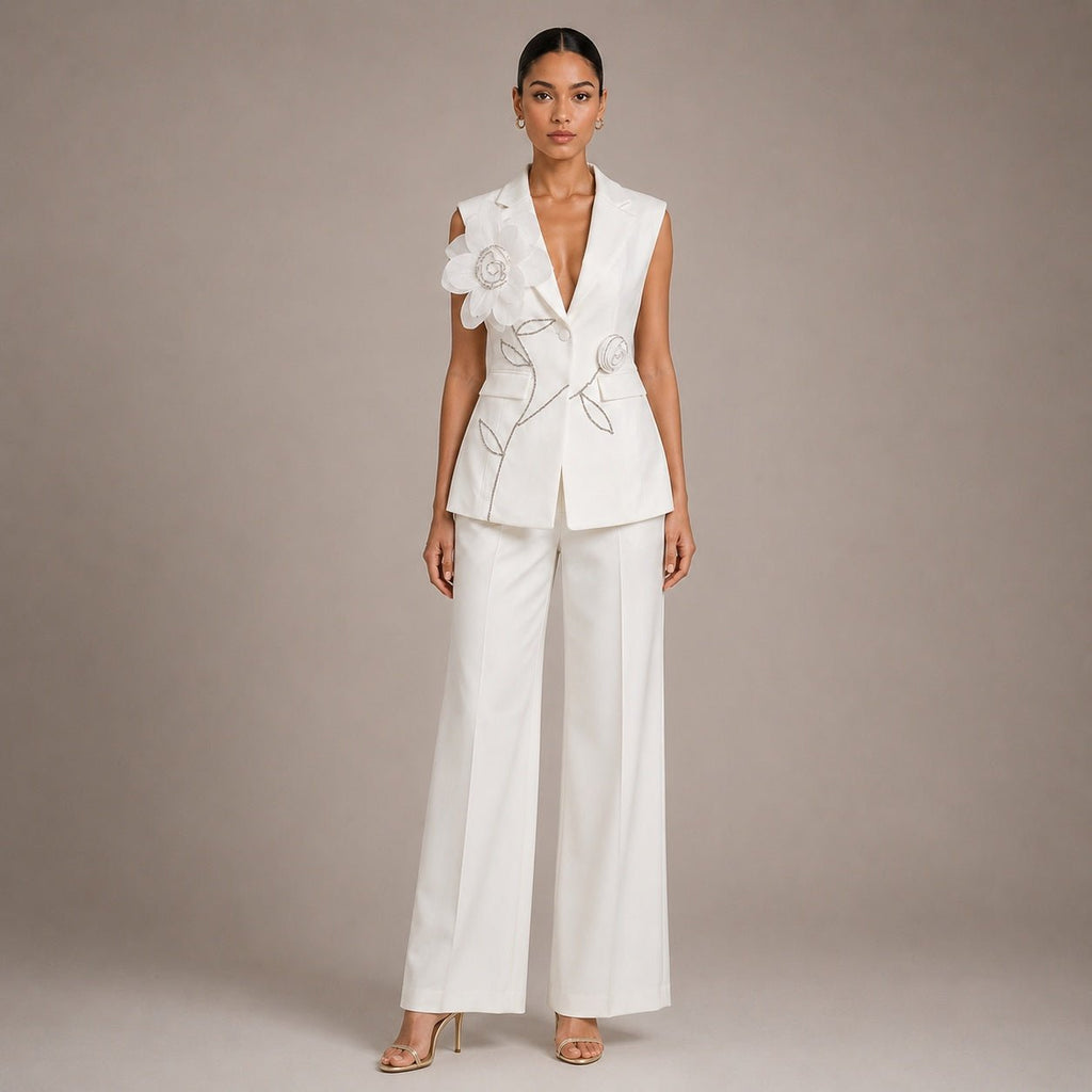 Ensemble tailleur 2 pièces gilet sans manches pantalon large broderie florale 3D - IVOIRART.COM