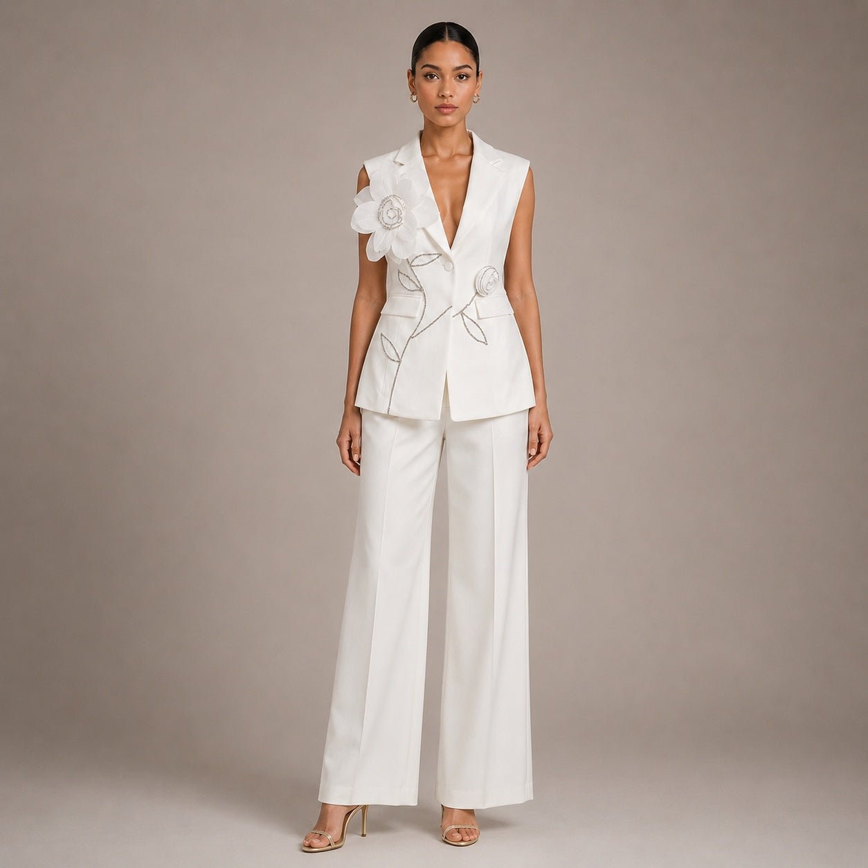 Ensemble tailleur 2 pièces gilet sans manches pantalon large broderie florale 3D - IVOIRART.COM