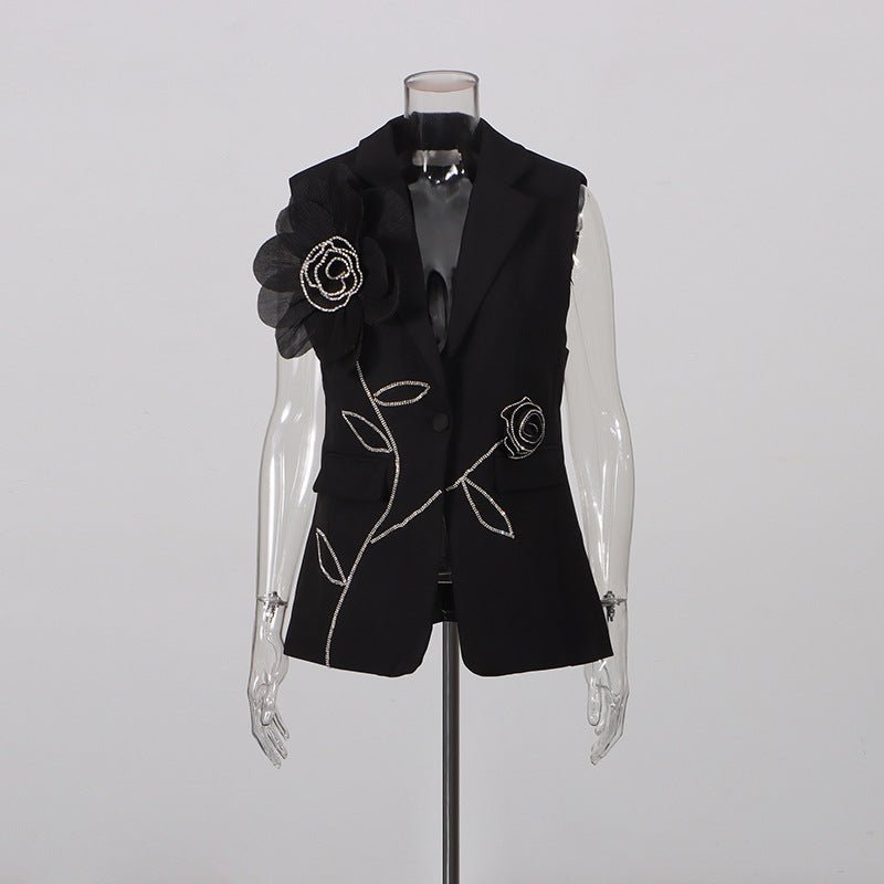 Ensemble tailleur 2 pièces gilet sans manches pantalon large broderie florale 3D - IVOIRART.COM