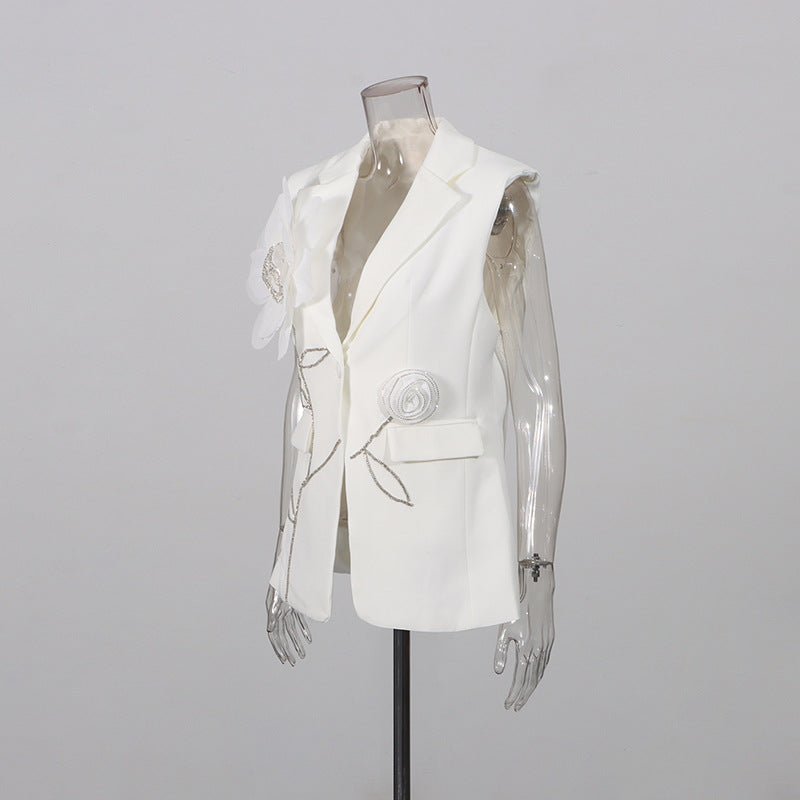 Ensemble tailleur 2 pièces gilet sans manches pantalon large broderie florale 3D - IVOIRART.COM