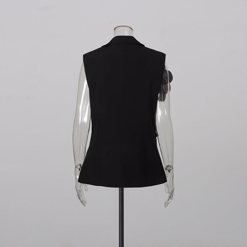 Ensemble tailleur 2 pièces gilet sans manches pantalon large broderie florale 3D - IVOIRART.COM