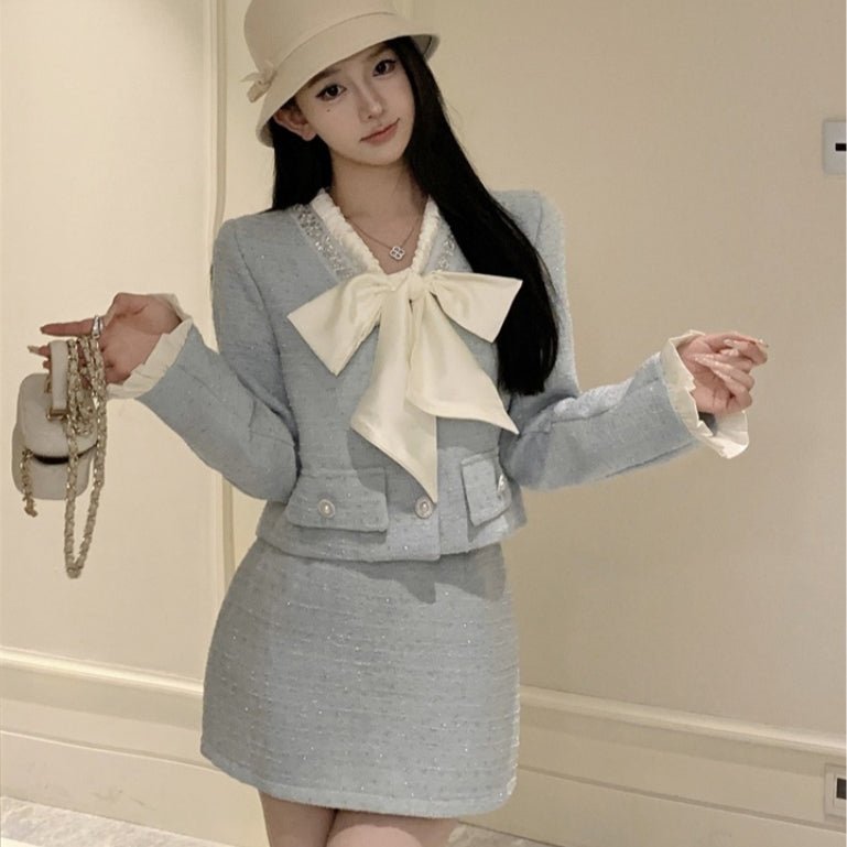 Ensemble tweed femme nœud papillon : veste et jupe taille haute, polyester chic. - IVOIRART.COM