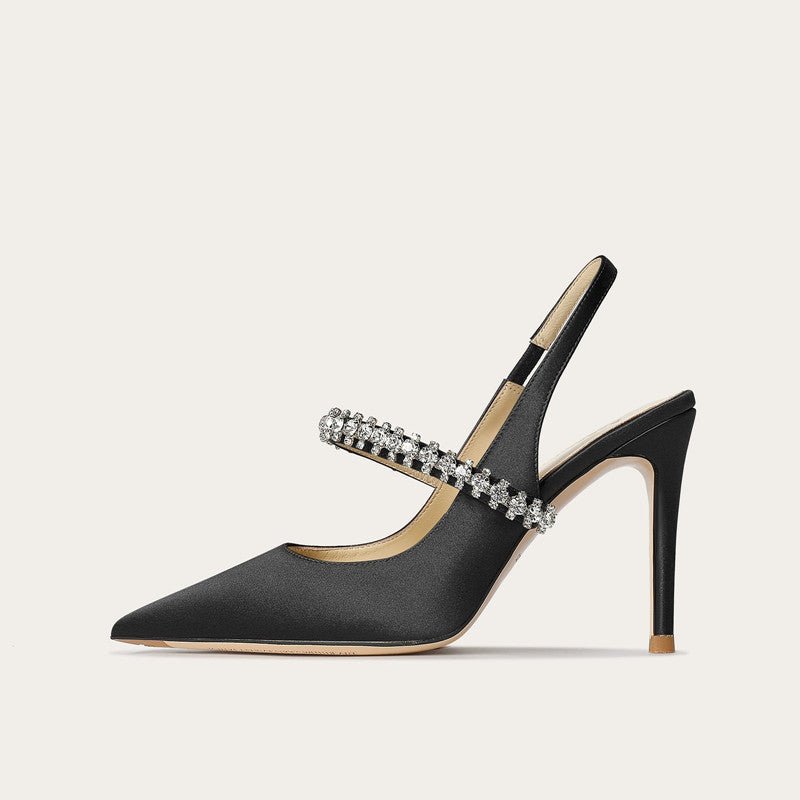 Escarpins à bout fermé ornés de strass, bride unique en cuir véritable pour femmes - IVOIRART.COM