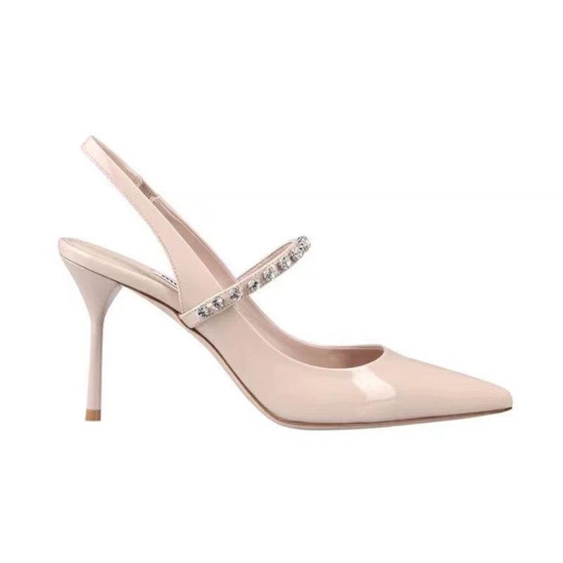 Escarpins à bout fermé ornés de strass, bride unique en cuir véritable pour femmes - IVOIRART.COM