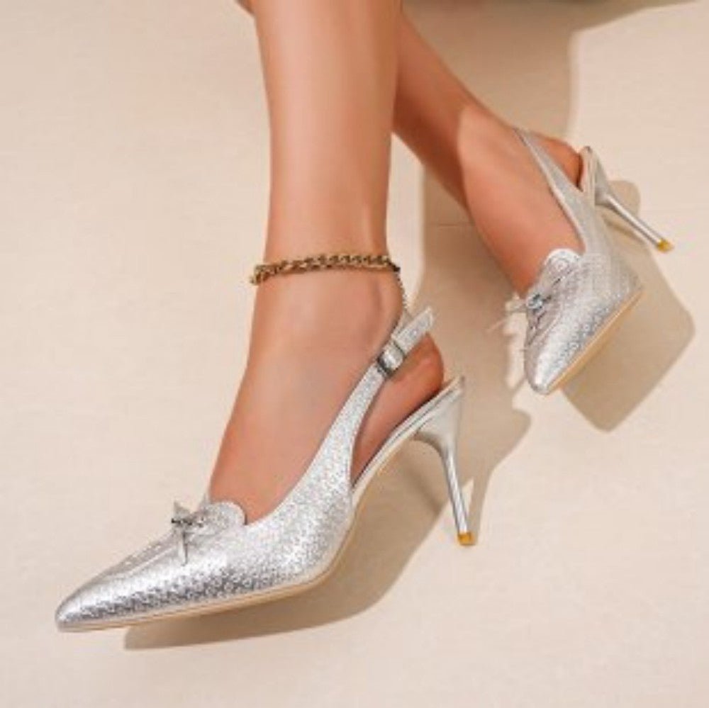 Escarpins à Bout Pointu Argentés Métalliques avec Bride Arrière Tissée et Détail Nœud, Chaussures Élégantes pour Soirées et Mariages Femmes - IVOIRART.COM