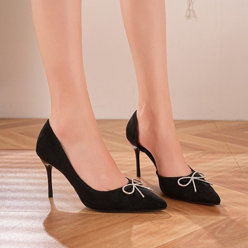 Escarpins à Talons Hauts en Daim Noir Pointus avec Nœud Strass Élégants - IVOIRART.COM
