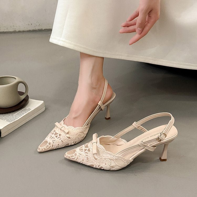 Escarpins ajourés en dentelle française, sandales à bout pointu et talons aiguilles, style chinois ouvert avec bride unique, élégance féminine - IVOIRART.COM