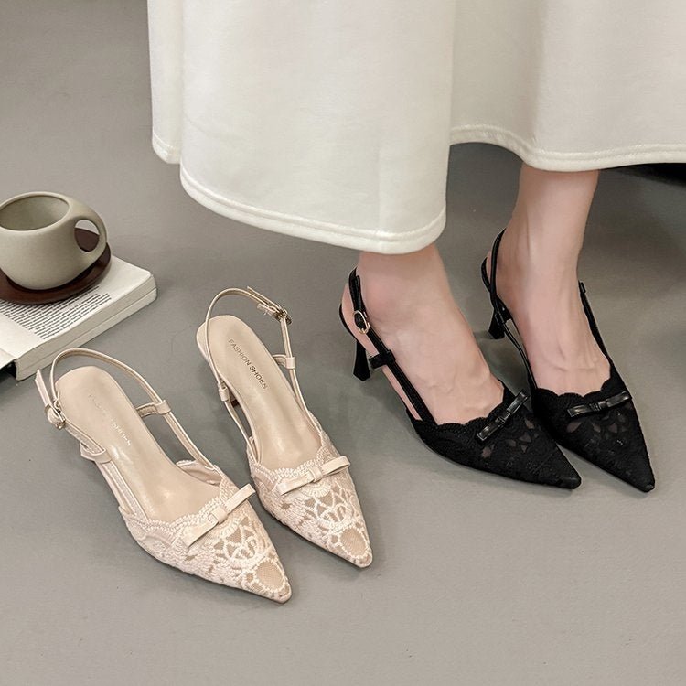 Escarpins ajourés en dentelle française, sandales à bout pointu et talons aiguilles, style chinois ouvert avec bride unique, élégance féminine - IVOIRART.COM
