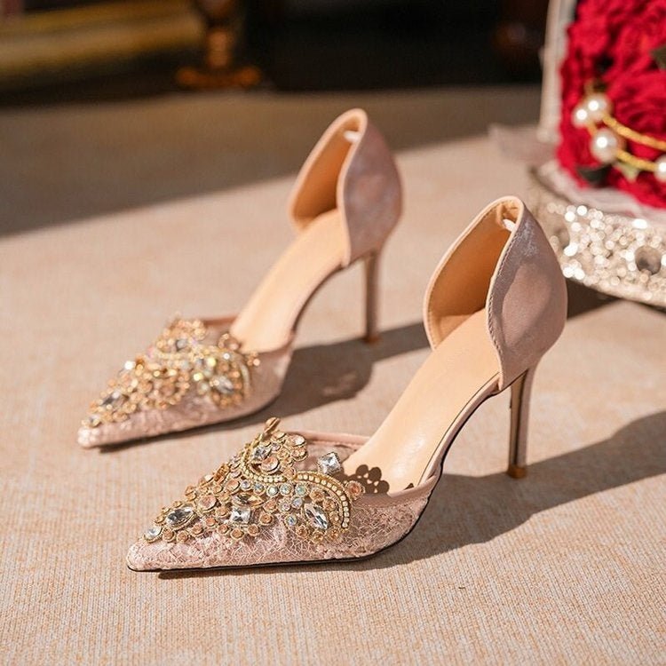 Escarpins ajourés femmes printemps 2026, élégantes demoiselles d'honneur, stilettos chic ornés de strass perlés, chaussures de fête - IVOIRART.COM