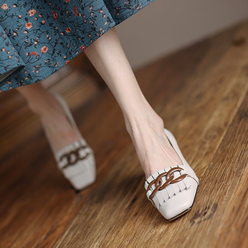 Escarpins femme faite main en cuir véritable de mouton avec franges et talon bloc carré - IVOIRART.COM