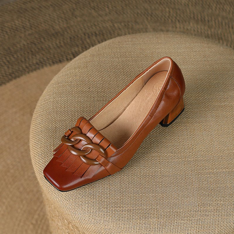 Escarpins femme faite main en cuir véritable de mouton avec franges et talon bloc carré - IVOIRART.COM