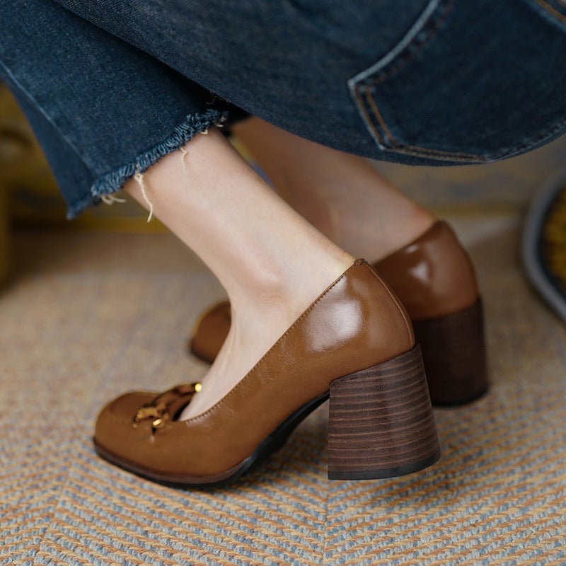 Escarpins Femme Rétro Bout Carré Style Français Talon Large Très Haut en Cuir Véritable - IVOIRART.COM