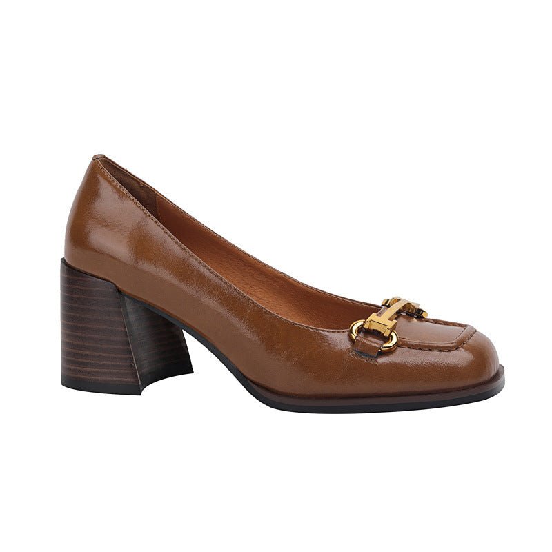 Escarpins Femme Rétro Bout Carré Style Français Talon Large Très Haut en Cuir Véritable - IVOIRART.COM