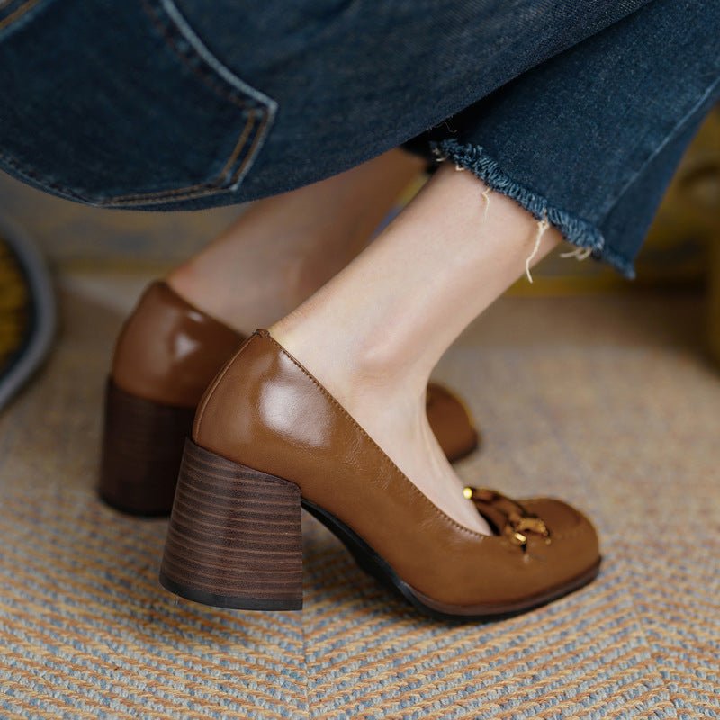 Escarpins Femme Rétro Bout Carré Style Français Talon Large Très Haut en Cuir Véritable - IVOIRART.COM
