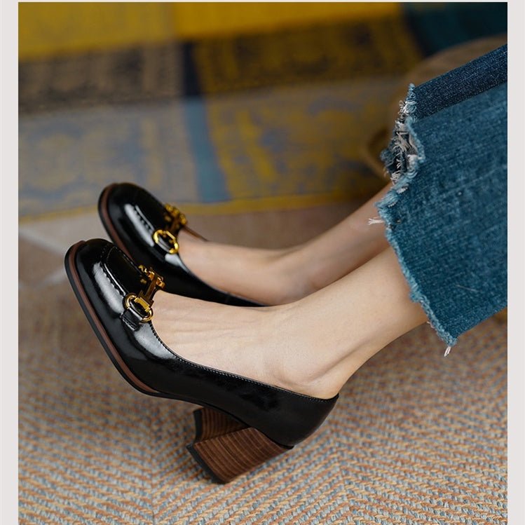 Escarpins Femme Rétro Bout Carré Style Français Talon Large Très Haut en Cuir Véritable - IVOIRART.COM