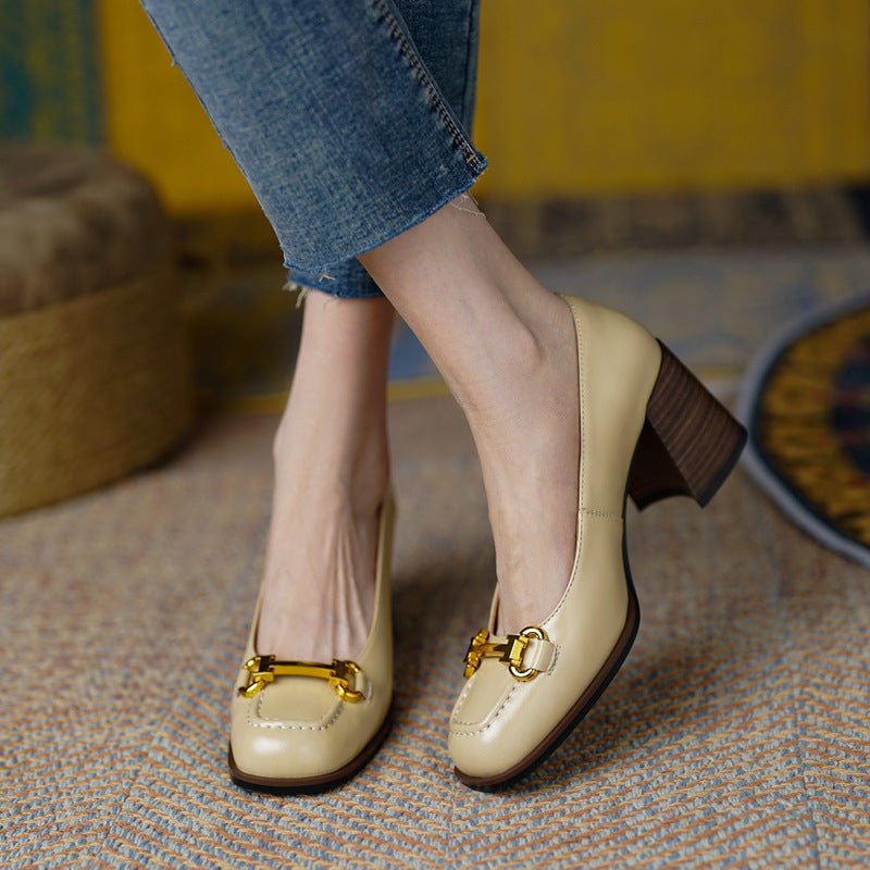 Escarpins Femme Rétro Bout Carré Style Français Talon Large Très Haut en Cuir Véritable - IVOIRART.COM
