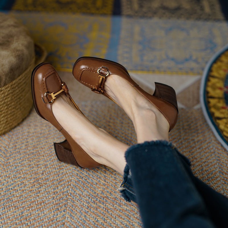 Escarpins Femme Rétro Bout Carré Style Français Talon Large Très Haut en Cuir Véritable - IVOIRART.COM