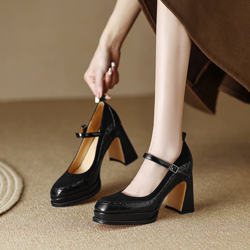 Escarpins Hauts en Cuir Femme Style Rétro Français avec Talons Épais - IVOIRART.COM