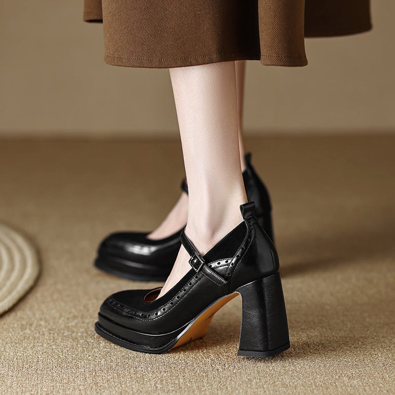 Escarpins Hauts en Cuir Femme Style Rétro Français avec Talons Épais - IVOIRART.COM