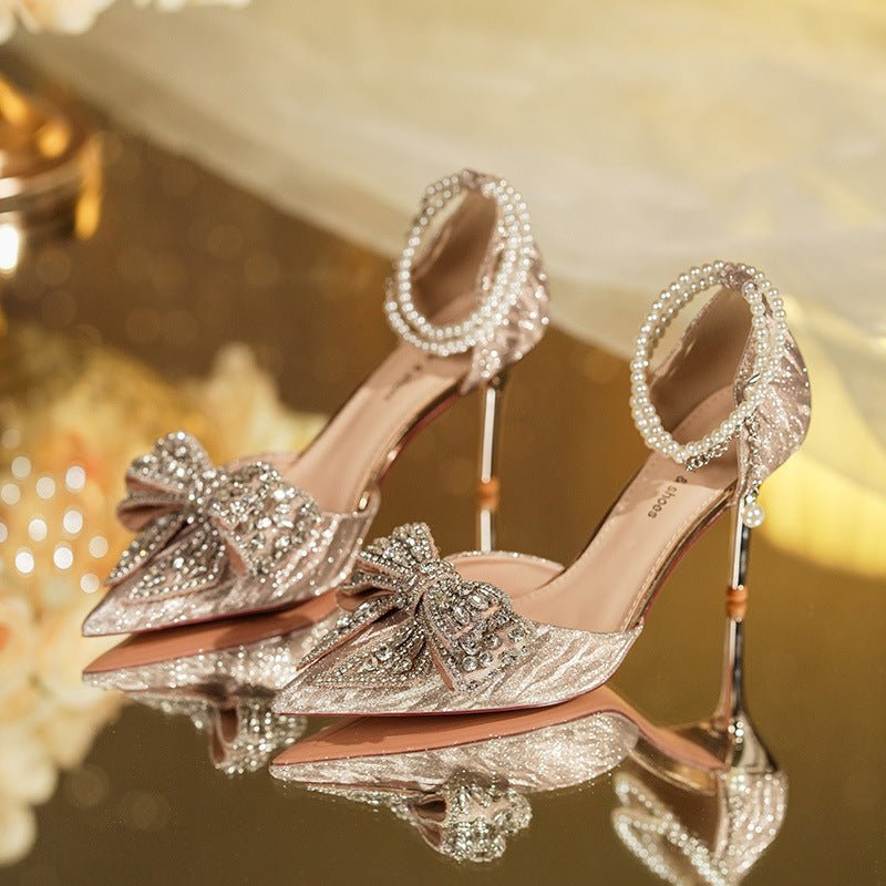 Escarpins Pointus en Perles Creuses avec Nœud et Strass, Talons Hauts Élégants - IVOIRART.COM