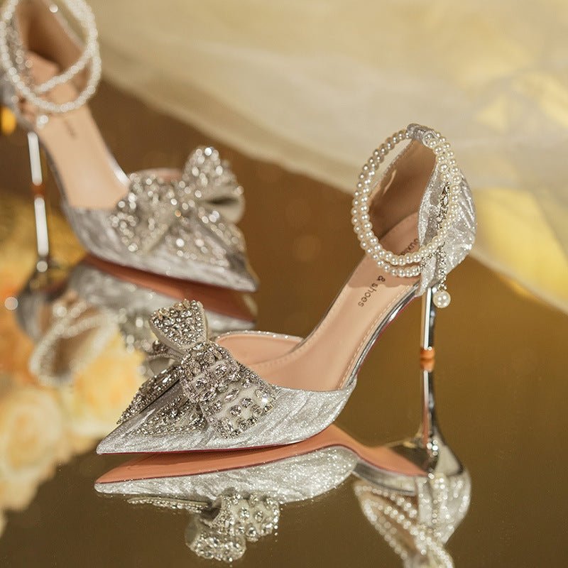 Escarpins Pointus en Perles Creuses avec Nœud et Strass, Talons Hauts Élégants - IVOIRART.COM
