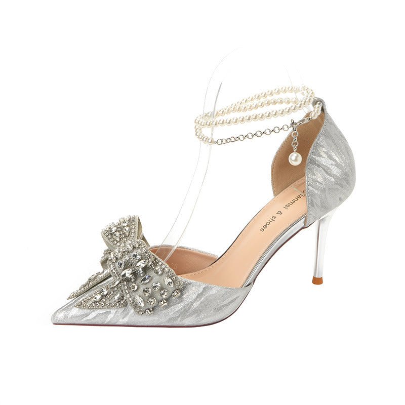 Escarpins Pointus en Perles Creuses avec Nœud et Strass, Talons Hauts Élégants - IVOIRART.COM