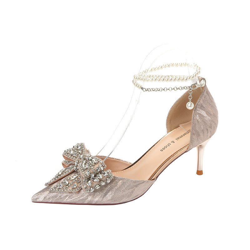 Escarpins Pointus en Perles Creuses avec Nœud et Strass, Talons Hauts Élégants - IVOIRART.COM
