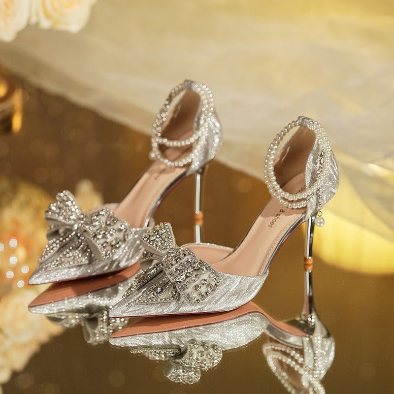 Escarpins Pointus en Perles Creuses avec Nœud et Strass, Talons Hauts Élégants - IVOIRART.COM