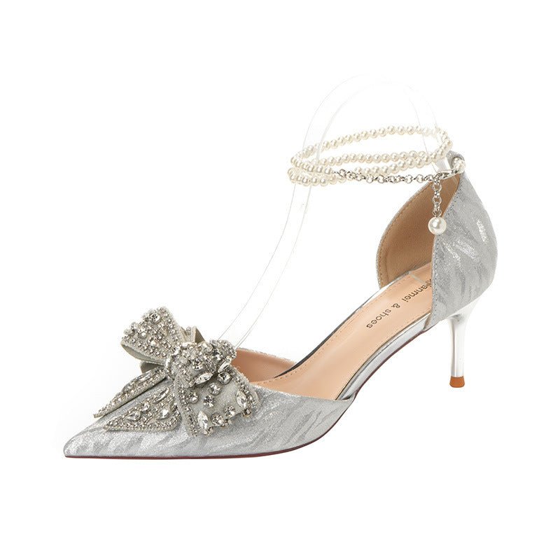 Escarpins Pointus en Perles Creuses avec Nœud et Strass, Talons Hauts Élégants - IVOIRART.COM