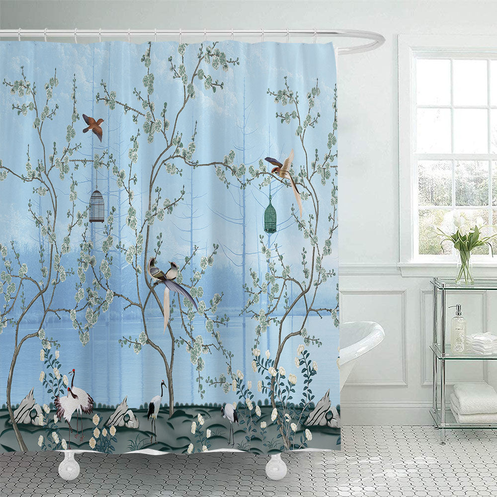 Ensemble de rideau de douche imperméable en polyester imprimé fleurs et oiseaux verts