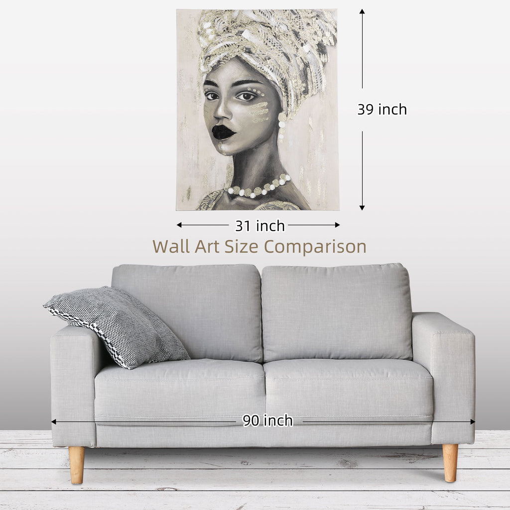 Art mural sur toile peint à la main pour salon chambre, peinture femme africaine dorée, 39,25" x 31,5"