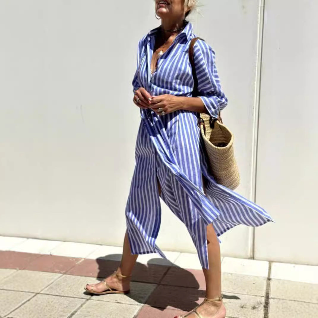 Robe Chemise Rayée Avec Ceinture, Manches Mi-longues, Col Revers, Boutons – Vêtement Femme Élégant