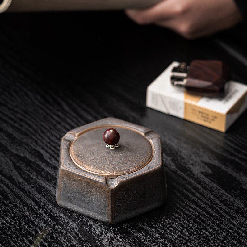 Cendrier en céramique vintage de style japonais avec couvercle, coupe-vent et anti-volatilité