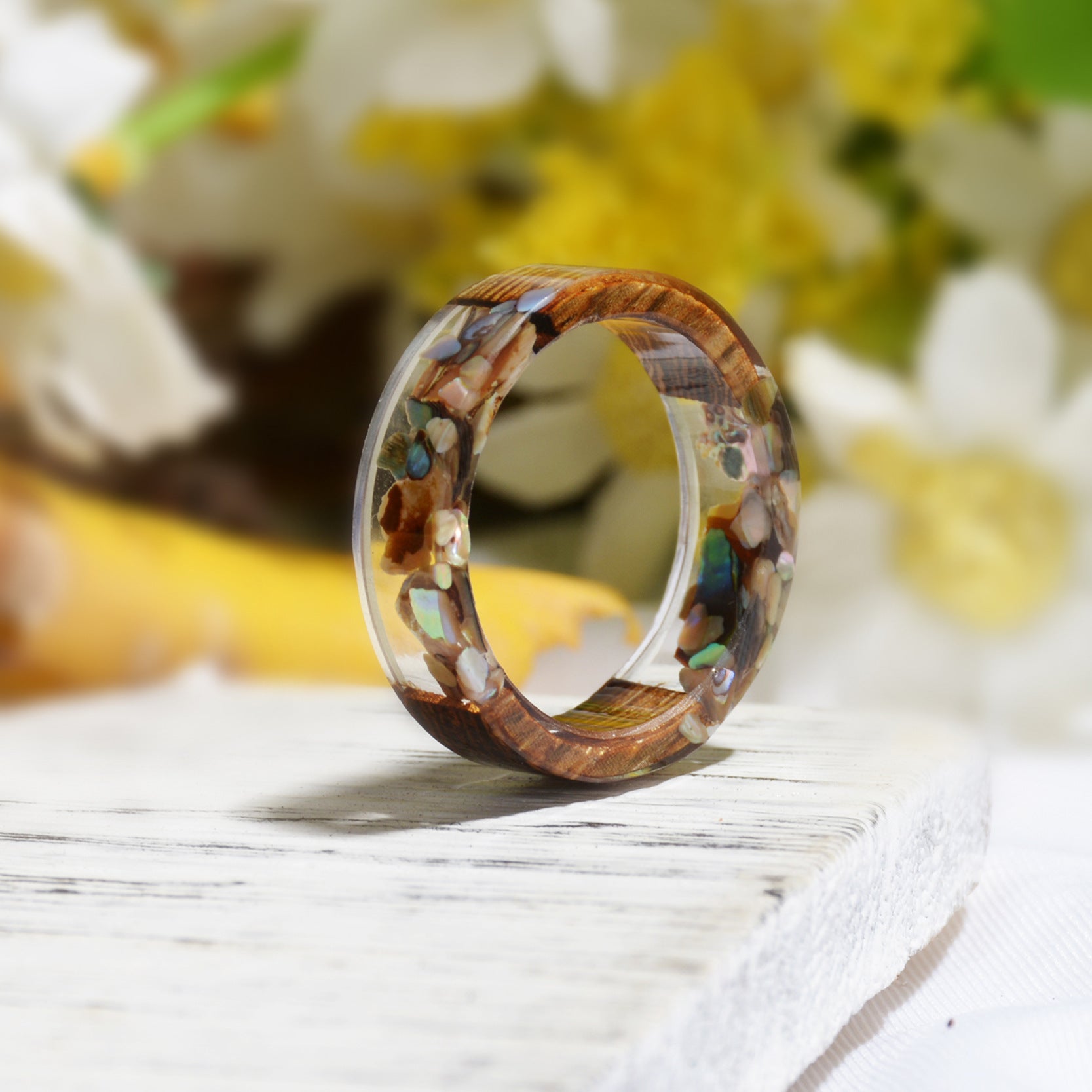 Bague en Résine en Bois Artisanale DIY avec Fleurs Séchées pour le Commerce Étranger Transfrontalier
