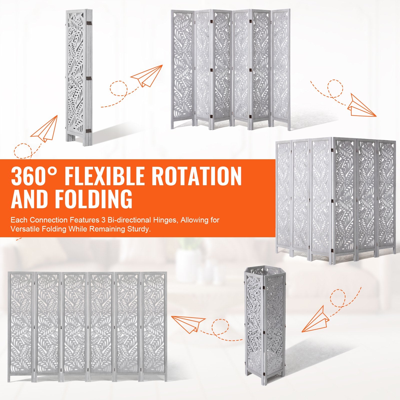 Paravent en Bois, Écran de Confidentialité Pliable à 6 Panneaux, 66,9 Pouces de Haut, Cloison Décorative Intérieure Sculptée, Pour Séparation de Pièce, Maison, Bureau, Restaurant & Chambre