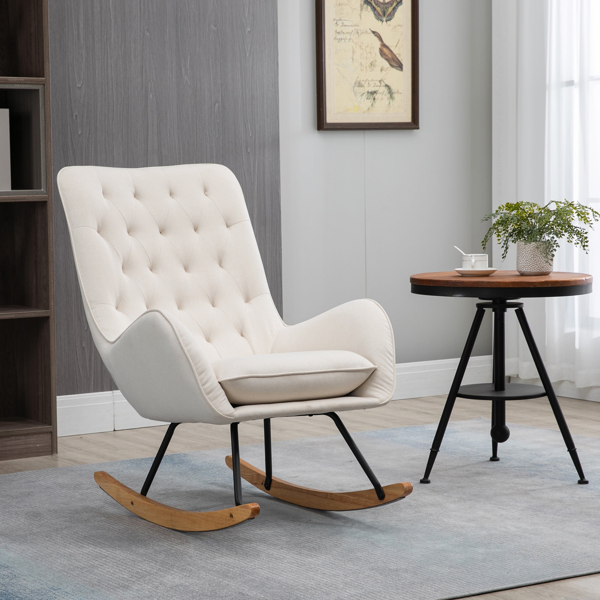Fauteuil à bascule en tissu style milieu du siècle, fauteuil convertible capitonné à oreilles avec siège rembourré, base en bois d’hévéa pour maison, studio, chambre, salon, blanc crème