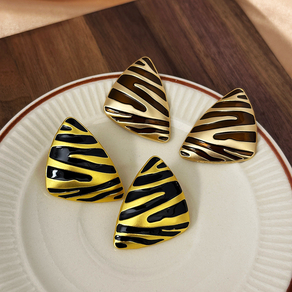 Boucles d'oreilles Vintage Triangle Huile Goutte Argent Aiguille Motif Zebra
